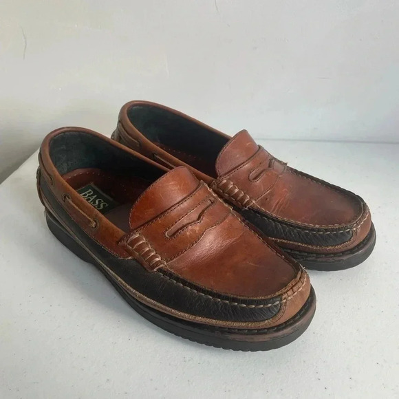 Mens Bass Birchwood Black‎ & Brown Leather Penny Loafers Size 8.5 GUC - Picture 1 of 8